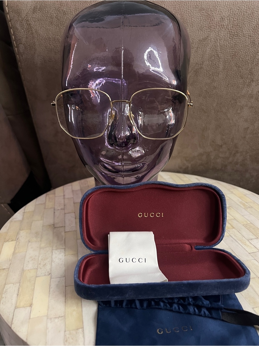 Gucci Gold Aviator Glasses with Burgundy & Navy Case